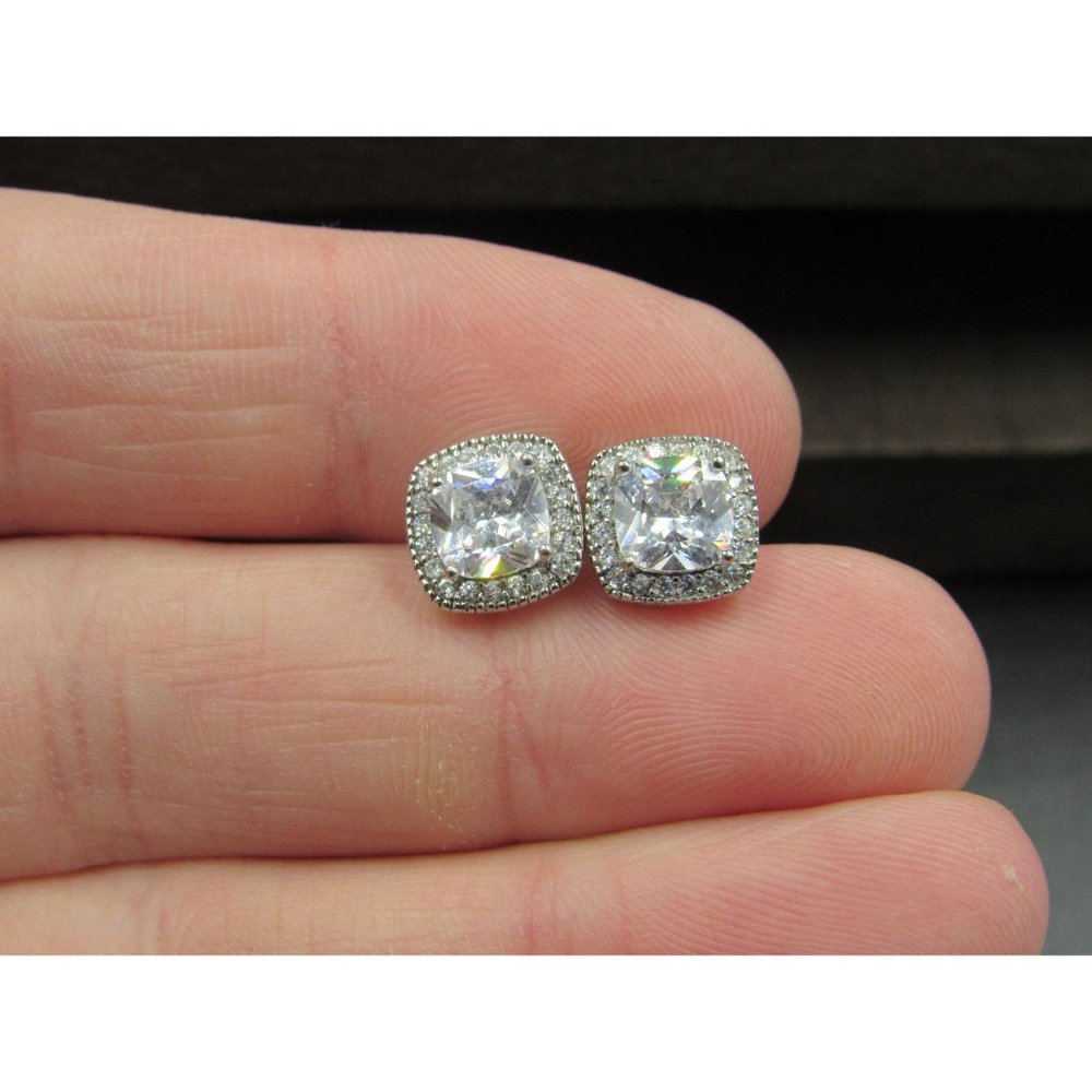 Sterling Silver Halo Square Cubic Zirconia Fancy Stud Earrings Vintage Wedding - Picture 2 of 6